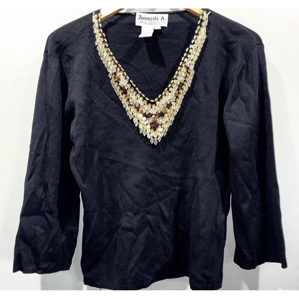 Joseph A Black Gold Beaded Sequin V-Neck Knit Party Sweater Top XL Vintage Glam